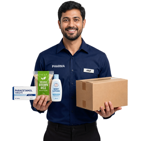 Taj AL Tamam Pharmacy delivery person with medicines, groceries and baby care products