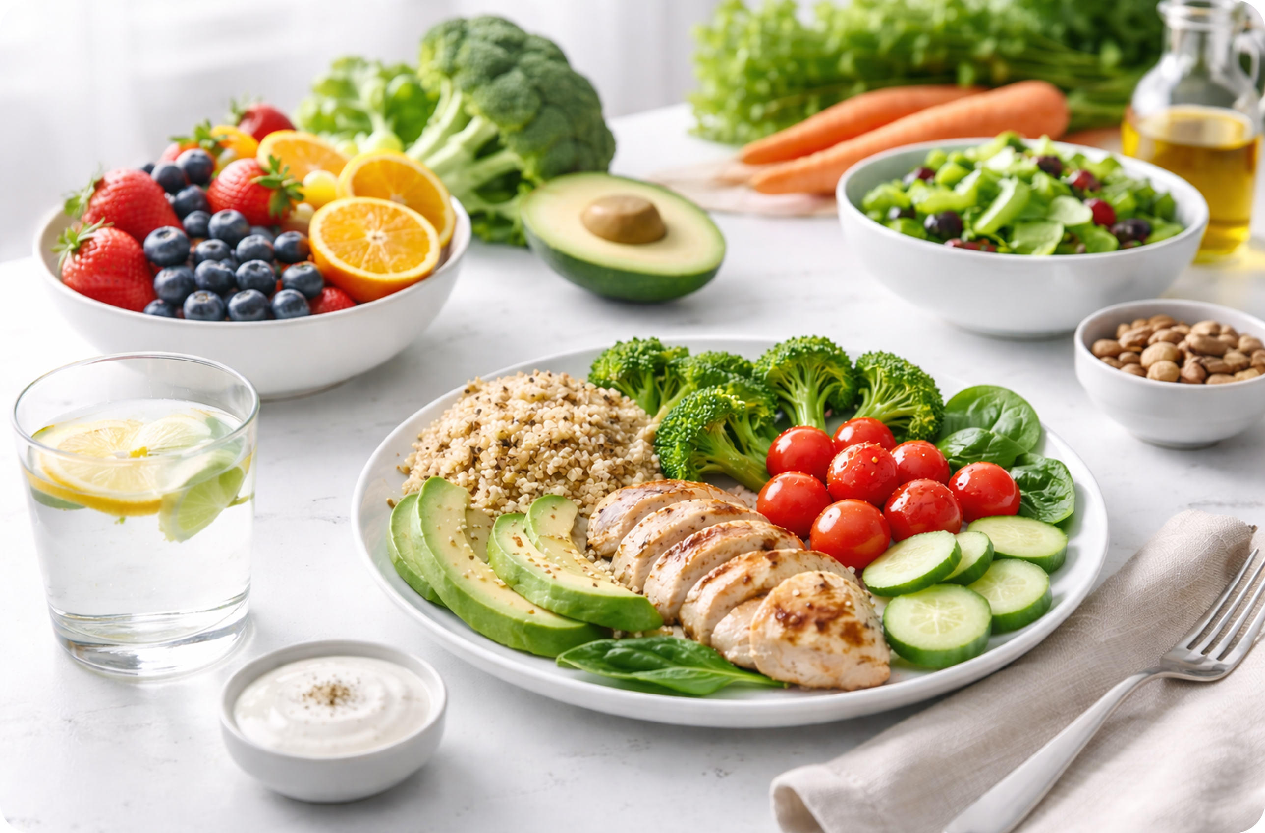 Balanced meal with grilled chicken, vegetables, fruit, and salad on a white table